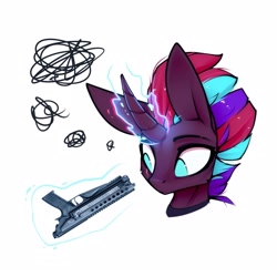 Size: 2160x2160 | Tagged: safe, artist:justafallingstar, oc, oc only, oc:tempest revenant, pony, unicorn, bust, chromatic aberration, clothes, curved horn, cute, female, gun, handgun, high res, horn, kel-tec p50, magic, magic aura, mare, multicolored mane, no pupils, not tempest shadow, pistol, scar, simple background, solo, telekinesis, this will end in death, this will end in tears, this will end in tears and/or death, too dumb to live, weapon, white background