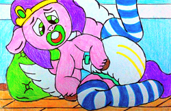 Size: 3128x2038 | Tagged: safe, artist:bitter sweetness, pipp petals, pegasus, pony, g5, abdl, adult foal, clothes, diaper, diaper fetish, fetish, high res, non-baby in diaper, pacifier, poofy diaper, socks, striped socks, traditional art