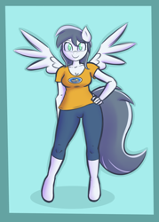 Size: 942x1314 | Tagged: safe, artist:funble, oc, oc only, oc:silver streak, pegasus, anthro, unguligrade anthro, breasts, cleavage, clothes, eyelashes, feathered wings, female, female oc, gray coat, green eyes, grey hair, hand on hip, hips, looking at you, no pupils, pants, pegasus oc, pegasus wings, shirt, short pants, simple background, smiling, smiling at you, solo, spread wings, t-shirt, tail, thighs, wings