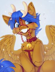 Size: 1999x2640 | Tagged: safe, artist:trickate, oc, oc only, oc:crushingvictory, pegasus, pony, antlers, bell, bell collar, bridle, cheek fluff, chest fluff, collar, ear fluff, harness, simple background, sleigh bells, smiling, solo, spread wings, tack, white background, wings