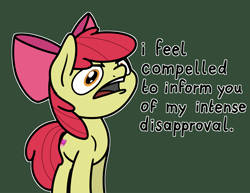 Size: 2048x1583 | Tagged: safe, artist:ewoudcponies, apple bloom, earth pony, pony, g4, female, filly, foal, green background, open mouth, simple background, solo, text