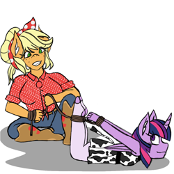 Size: 1000x1000 | Tagged: safe, artist:mintymelody, applejack, twilight sparkle, alicorn, earth pony, anthro, equestria girls, five to nine, g4, my little pony equestria girls: better together, bondage, cowprint, female, grin, happy, happy bondage, hogtied, lesbian, rope, rope bondage, ship:twijack, shipping, simple background, smiling, twilight sparkle (alicorn), white background