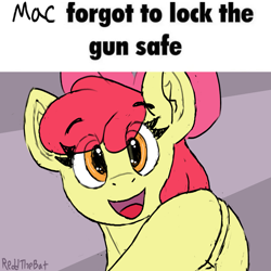 Size: 1539x1542 | Tagged: safe, artist:reddthebat, apple bloom, earth pony, pony, g4, eye clipping through hair, eyebrows, eyebrows visible through hair, female, filly, foal, hooves together, implied big macintosh, looking at you, meme, open mouth, open smile, ponified meme, smiling, smiling at you, solo, text, this will end in death, this will end in tears, this will end in tears and/or death