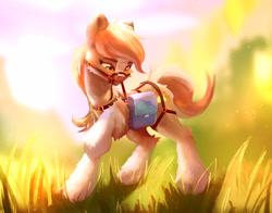 Size: 2867x2245 | Tagged: safe, artist:itssim, oc, oc only, earth pony, pony, bag, bridle, commission, earth pony oc, female, fluffy, grass, harness, high res, mare, mouth hold, outdoors, raised hoof, saddle bag, solo, tack