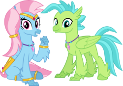 Size: 5757x4000 | Tagged: safe, artist:parclytaxel, oc, oc only, oc:bottlegriff, oc:wishgriff, classical hippogriff, genie, hippogriff, 2024 community collab, derpibooru community collaboration, g4, .svg available, absurd resolution, bracelet, circlet, clothes, duo, duo male and female, female, grin, jewelry, leggings, looking at you, male, not silverstream, not terramar, simple background, sitting, smiling, smiling at you, thumbs up, transparent background, vector, wing jewelry, wings