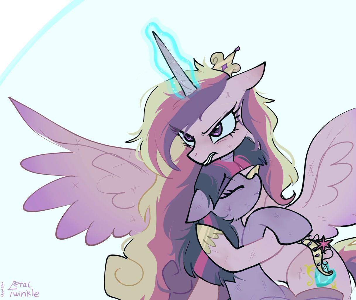 [alicorn,big crown thingy,crown,duo,element of magic,eyes closed,female,g4,jewelry,mare,messy mane,pony,princess cadance,safe,scratches,simple background,teeth,twilight sparkle,unicorn,white background,wings,force field,protecting,regalia,gritted teeth,spread wings,hoof hold,unicorn twilight,artist:petaltwinkle]