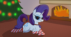 Size: 4096x2160 | Tagged: safe, artist:suryfromheaven, rarity, pony, unicorn, g4, chimney, christmas, christmas lights, christmas stocking, christmas tree, clothes, fire, fireplace, heart, heart eyes, holiday, holly, lip bite, looking at you, on floor, resting, socks, solo, stockings, striped socks, thigh highs, tree, wingding eyes
