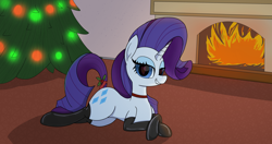 Size: 4096x2160 | Tagged: safe, artist:suryfromheaven, rarity, pony, unicorn, g4, chimney, christmas, christmas lights, christmas tree, clothes, fire, fireplace, gloves, heart, heart eyes, holiday, holly, latex, latex boots, latex gloves, latex socks, lip bite, looking at you, on the floor, resting, socks, solo, tree, wingding eyes