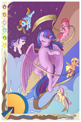 Size: 2178x3266 | Tagged: safe, artist:stratodraw, applejack, discord, fluttershy, pinkie pie, rainbow dash, rarity, twilight sparkle, alicorn, draconequus, pegasus, unicorn, g4, belly, eyes closed, flapplejack, flying, high res, large wings, mane six, mouth hold, partially open wings, pegasus pinkie pie, pegasus rarity, race swap, solo, twilight sparkle (alicorn), wings