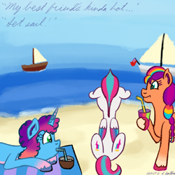Size: 1280x1280 | Tagged: safe, artist:gosupermarinespitfire, misty brightdawn, sunny starscout, zipp storm, earth pony, pegasus, pony, unicorn, g5, beach, boat, butt, drink, female, implied dawnstorm, implied lesbian, implied shipping, mane stripe sunny, mare, ocean, outdoors, rebirth misty, smoothie, trio, water