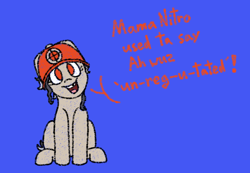 Size: 650x450 | Tagged: safe, artist:nukepony360, oc, oc only, oc:lil tannerite, earth pony, blue background, female, filly, foal, hat, looking at you, simple background, solo, text
