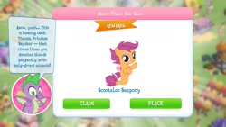 Size: 1280x720 | Tagged: safe, gameloft, scootaloo, spike, dragon, seapony (g4), g4, my little pony: magic princess, seaponified, seapony scootaloo, species swap, speech bubble, winged spike, wings