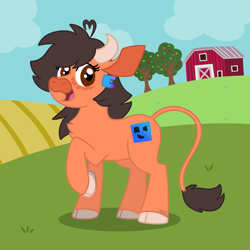 Size: 1500x1500 | Tagged: safe, artist:rgbovine_art, oc, oc:robertapuddin, cow, barn, blushing, cowberta, cowified, crops, cute, farm, happy, open mouth, open smile, raised hoof, smiling, species swap, transformation, tree
