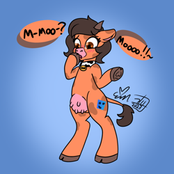Size: 1000x1000 | Tagged: safe, artist:erynerikard, oc, oc:robertapuddin, cow, :o, bipedal, blushing, cloven hooves, collar, cowberta, cowified, dialogue, hoof heart, moo, mute, open mouth, post-transformation, signature, species swap, transformation, udder, underhoof