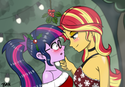Size: 2457x1705 | Tagged: safe, artist:banquo0, sci-twi, sunset shimmer, twilight sparkle, human, equestria girls, g4, blushing, choker, christmas, clothes, dress, duo, female, glasses, hand on chin, holiday, holly, holly mistaken for mistletoe, imminent kissing, lesbian, lidded eyes, looking at each other, looking at someone, ponytail, ship:sci-twishimmer, ship:sunsetsparkle, shipping, sidemouth