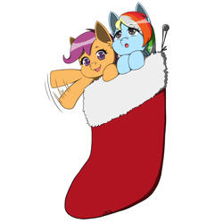 Size: 2000x2000 | Tagged: safe, artist:erein, scootaloo, oc, oc:azure, pegasus, pony, g4, christmas, christmas presents, christmas stocking, colored, commission, cute, duo, ears up, female, flat colors, gray eyes, happy, high res, holiday, multicolored hair, parents:canon x oc, pegasus oc, present, simple background, smiling, white background
