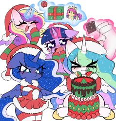 Size: 4000x4198 | Tagged: safe, artist:arwencuack, princess cadance, princess celestia, princess luna, twilight sparkle, alicorn, pony, g4, :3, alicorn tetrarchy, angry, blushing, cake, cakelestia, christmas, christmas stocking, clipboard, clothes, commission, costume, crossed arms, crossed hooves, cute, cute little fangs, cutedance, cutelestia, dress, ear fluff, ears back, eye clipping through hair, eyebrows, eyebrows visible through hair, eyes closed, fangs, female, floppy ears, food, group, happy, hat, heart, heart eyes, holiday, laughing, levitation, luna is not amused, lunabetes, madorable, magic, mare, quartet, santa costume, santa hat, scroll, skirt, socks, spread wings, striped socks, teary eyes, telekinesis, twiabetes, twilight sparkle (alicorn), unamused, wingding eyes, wings