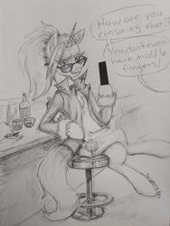 Size: 1536x2048 | Tagged: safe, artist:twigpaste, oc, oc only, oc:dyx, alicorn, pony, alicorn oc, bar, bar stool, censor bar, censored, cigarette, crossed legs, dialogue, female, grayscale, grin, hoof hold, horn, implied middle finger, leaning, looking at you, magnetic hooves, mare, monochrome, offscreen character, older, older dyx, pencil drawing, smiling, solo, speech bubble, sunglasses, traditional art, wings