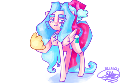 Size: 3600x2400 | Tagged: safe, artist:mannybcadavera, oc, oc only, oc:sigvard, pegasus, pony, bushy brows, christmas, eye clipping through hair, eyebrows, eyebrows visible through hair, hand, hat, high res, holiday, looking at you, magic, magic hands, male, santa hat, signature, simple background, smiling, smiling at you, solo, stallion, white background