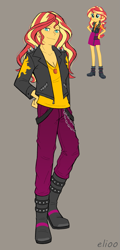 Size: 721x1498 | Tagged: safe, artist:elioo, color edit, edit, sunset shimmer, equestria girls, g4, boots, clothes, clothing redesign, colored, gray background, jacket, redesign, shoes, simple background, solo