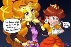 Size: 2000x1333 | Tagged: safe, artist:shaxbert, adagio dazzle, human, equestria girls, g4, clothes, crossover, dress, duo, duo female, female, gradient background, i think we're gonna have to kill this guy, imminent violence, meme, princess daisy, smiling, smirk, super mario bros., this will end in death