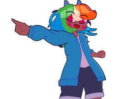 Size: 5000x4000 | Tagged: safe, artist:foxnoobb, kotobukiya, rainbow dash, human, g4, absurd resolution, clothes, dark skin, female, humanized, jacket, kotobukiya rainbow dash, open mouth, pointing, shorts, simple background, solo, white background