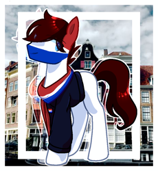 Size: 1536x1666 | Tagged: safe, artist:diniarvegafinahar, earth pony, pony, clothes, eye clipping through hair, male, nation ponies, netherlands, ponified, scarf, solo, stallion, sweater