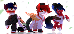 Size: 3594x1688 | Tagged: safe, artist:diniarvegafinahar, big cat, hybrid, lizard, original species, pegasus, pony, tiger, tiger pony, bandage, blaze (coat marking), clothes, coat markings, colored wings, eye clipping through hair, facial markings, female, gradient tail, gradient wings, high res, indonesia, jacket, jewelry, leaves, looking at you, malaysia, male, mare, multicolored wings, nation ponies, necklace, open mouth, philippines, ponified, raised hoof, shirt, simple background, songkok, stallion, tail, teeth, trio, white background, wings