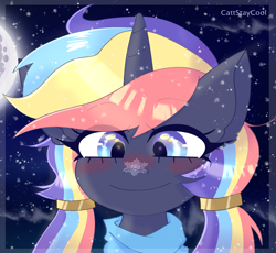 Size: 3608x3314 | Tagged: safe, artist:cattstaycool, oc, oc only, pony, unicorn, blushing, female, high res, mare, moon, night, snow, snowflake, solo