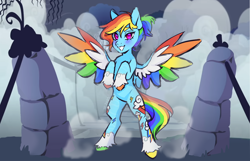 Size: 1350x870 | Tagged: safe, artist:tea--cupp, rainbow dash, pegasus, pony, friendship is magic, g4, alternate hairstyle, bipedal, colored wings, female, grin, hooves, looking at you, mare, multicolored hooves, multicolored wings, rainbow wings, scene interpretation, smiling, smiling at you, solo, spread wings, unshorn fetlocks, wings