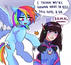 Size: 1959x1778 | Tagged: safe, artist:seraulody, rainbow dash, human, pegasus, pony, g4, crossover, d.va, dialogue, disappointed, duo, duo female, emanata, female, flapping wings, flying, hoof on shoulder, i think we're gonna have to kill this guy, mare, meme, overwatch, sweat, sweatdrop, wings