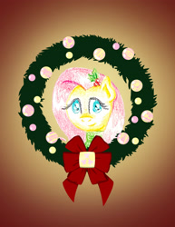 Size: 2550x3300 | Tagged: safe, artist:flutterluv, part of a set, fluttershy, pegasus, pony, g4, bust, christmas, christmas wreath, gradient background, high res, holiday, portrait, smiling, solo, wreath