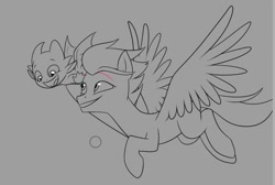 Size: 843x565 | Tagged: safe, artist:danny obscure, sparky sparkeroni, zipp storm, dragon, pegasus, pony, g5, flying, learning, mama zipp, open mouth, smiling, wip, zipp is best dragon mom