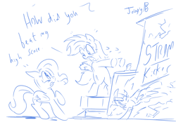 Size: 2152x1557 | Tagged: safe, artist:jowyb, fluttershy, rainbow dash, pegasus, pony, g4, arcade cabinet, bipedal, dialogue, duo, female, filly, filly fluttershy, filly rainbow dash, mare, monochrome, simple background, sketch, white background, yelling, younger