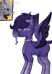 Size: 2480x3508 | Tagged: safe, artist:thecommandermiky, oc, oc only, oc:miky command, pegasus, pony, unicorn, accessory, bow, bust, clothes, collar, female, full body, hair bow, high res, mare, pegasus oc, purple eyes, purple hair, purple mane, short hair, short mane, simple background, socks, spots, spread wings, transparent background, white mane, wings