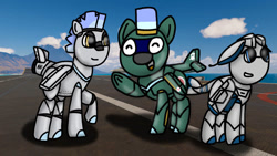 Size: 1192x670 | Tagged: safe, artist:foxfer64_yt, oc, oc only, oc:blitzwing, oc:xn-37 needle, original species, plane pony, pony, cargo ship, day, ears back, happy, hawaii, island, jet, looking at someone, looking at you, looking up, ocean, photo, plane, shipping, smiling, trio, water, waving, waving at you