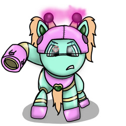 Size: 894x894 | Tagged: safe, artist:foxfer64_yt, oc, oc only, oc:goldheart, pony, robot, robot pony, arm cannon, battle suit, female, fight, hero, photo, pose, simple background, solo, weapon, white background