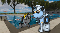 Size: 1192x670 | Tagged: safe, artist:foxfer64_yt, oc, oc only, oc:kaia mahoe, oc:silverstream (robot pony), original species, pony, robot, robot pony, unicorn, wheelpone, asking, drink, ears back, hotel, looking at each other, looking at someone, looking up, photo, swimming, swimming pool, tree
