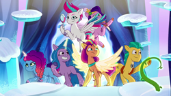 Size: 1920x1080 | Tagged: safe, screencap, hitch trailblazer, izzy moonbow, misty brightdawn, pipp petals, sunny starscout, zipp storm, alicorn, earth pony, pegasus, pony, unicorn, g5, my little pony: tell your tale, snow business like show business, spoiler:g5, spoiler:my little pony: tell your tale, spoiler:tyts01e70, female, male, mane five, mane six (g5), mane stripe sunny, mare, race swap, rebirth misty, stallion, sunnycorn