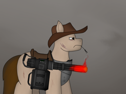 Size: 3000x2250 | Tagged: safe, artist:chillzone22, earth pony, pony, fallout equestria, battle saddle, cowboy, cowboy hat, gun, hat, high res, machine gun, minigun, wasteland, weapon