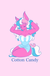 Size: 1365x2048 | Tagged: safe, artist:mscolorsplash, cotton candy (g3), earth pony, anthro, g3, arm behind head, armpits, big breasts, breasts, busty cotton candy (g3), cleavage, clothes, dress, eyes closed, female, kneeling, mare, name, pink background, simple background, solo, wide hips