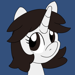 Size: 900x900 | Tagged: safe, artist:unitxxvii, oc, oc only, oc:talim, pony, unicorn, blue background, bust, female, mare, simple background, smiling, solo