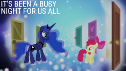 Size: 1920x1080 | Tagged: safe, edit, edited screencap, editor:quoterific, screencap, apple bloom, princess luna, alicorn, earth pony, pony, bloom & gloom, g4, door, dream doors, dream realm, dream walker luna