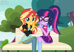 Size: 2000x1400 | Tagged: safe, artist:lightning_musicwave_safe, sci-twi, sunset shimmer, twilight sparkle, human, equestria girls, g4, bench, clothes, cute, female, glasses, heart hands, implied lesbian, implied scitwishimmer, implied shipping, park, park bench, sci-twi outfits