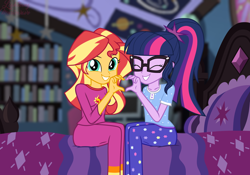 Size: 2000x1400 | Tagged: safe, alternate version, artist:lightning_musicwave_safe, sci-twi, sunset shimmer, twilight sparkle, human, equestria girls, g4, clothes, cute, female, glasses, heart hands, implied lesbian, implied scitwishimmer, implied shipping, pajamas, shimmerbetes, twiabetes