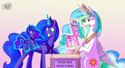 Size: 5114x2791 | Tagged: safe, artist:jowyb, princess celestia, princess luna, alicorn, pony, g4, angry, annoyed, box, celestia is not amused, crown, cute, duo, ethereal mane, ethereal tail, female, folded wings, glowing, glowing horn, gradient background, grin, gritted teeth, happy, high res, hoof shoes, horn, jewelry, levitation, lunabetes, magic, magic aura, mare, partially open wings, peytral, pink background, pinklestia, plushie, princess shoes, regalia, royal sisters, siblings, sisters, sitting, smiling, sparkly mane, sparkly tail, tail, teeth, telekinesis, this will end in tears, tiara, toy, unamused, wings