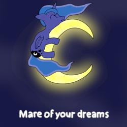 Size: 1080x1080 | Tagged: safe, artist:auro, princess luna, alicorn, pony, g4, crescent moon, eyes closed, female, hug, luna day, mare, moon, simple background, sleeping, sleeping on moon, solo, space, tangible heavenly object, text