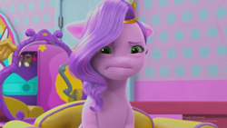 Size: 1440x810 | Tagged: safe, screencap, pipp petals, pegasus, pony, g5, my little pony: make your mark, my little pony: make your mark chapter 2, portrait of a princess, spoiler:g5, spoiler:my little pony: make your mark, spoiler:my little pony: make your mark chapter 2, spoiler:mymc02e03, floppy ears, jewelry, pipp petals is not amused, solo, tiara, unamused