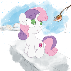 Size: 3000x3000 | Tagged: safe, artist:widelake, sweetie belle, pony, unicorn, g4, female, filly, foal, high res, leaf, snow, snowfall, solo, winter