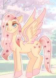 Size: 3736x5174 | Tagged: safe, artist:sanechkaa, fluttershy, pegasus, pony, g4, absurd resolution, alternate hairstyle, blushing, chest fluff, colored hooves, colored wings, cute, female, flower, flower in hair, flower in tail, grin, looking up, mare, markings, outdoors, outline, redesign, shyabetes, smiling, solo, spread wings, standing, tail, three quarter view, two toned wings, white outline, wings